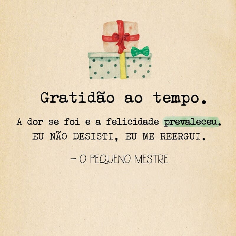 Gratidão ao tempo. A dor se foi e a felicidade prevaleceu. Eu não desisti, eu me reergui.