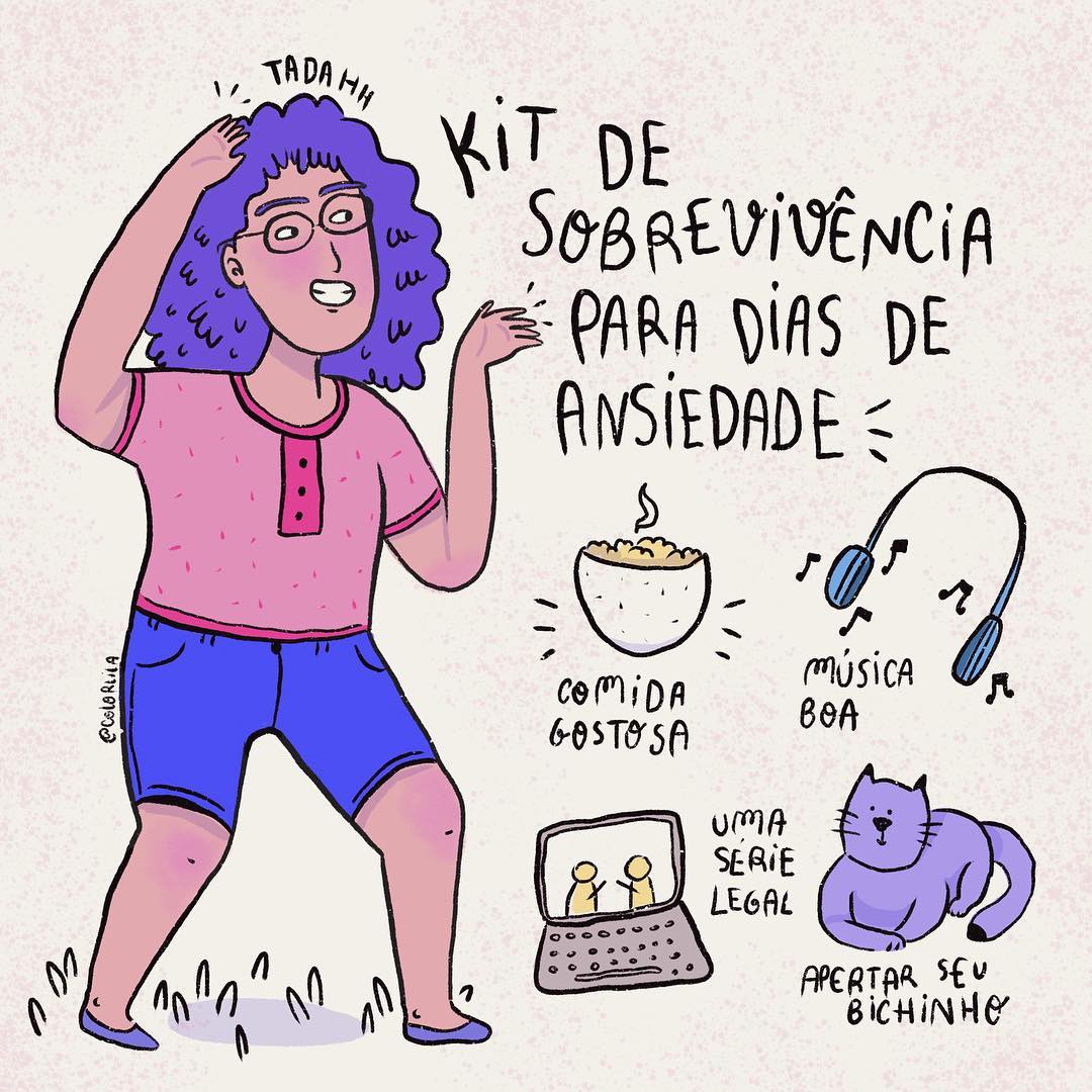 Kit de sobrevivência para dias de ansiedade: comida gostosa; música boa; uma série legal; apertar seu bichinho.