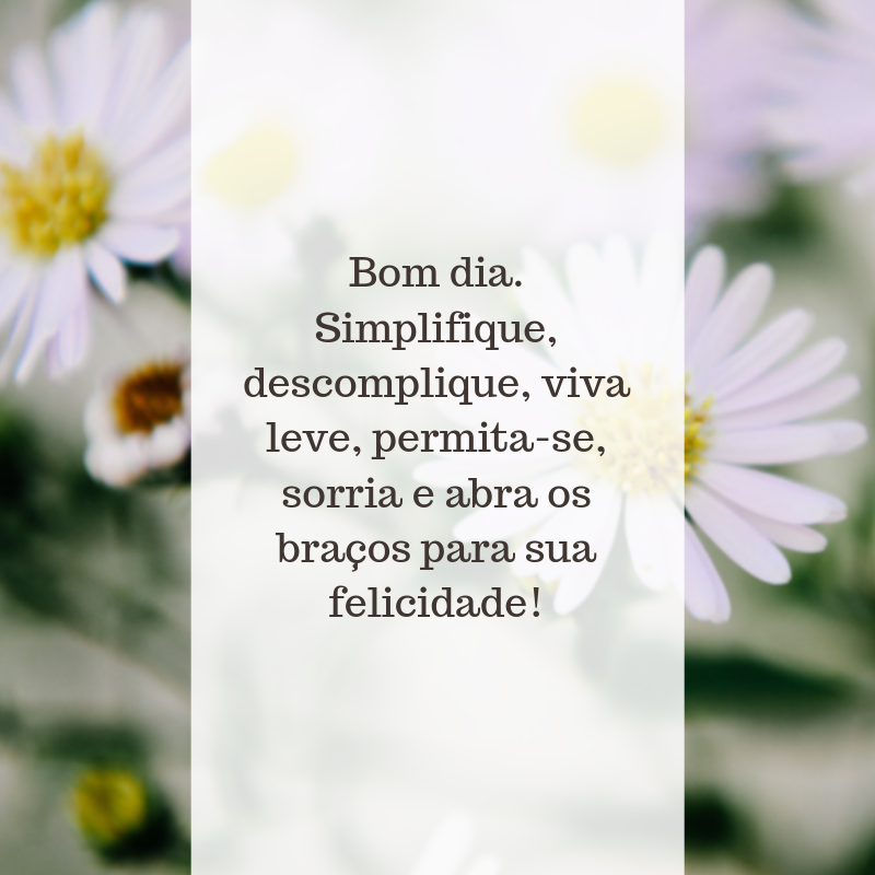 Bom dia. Simplifique, descomplique, viva leve, permita-se, sorria e abra os braços para sua felicidade!