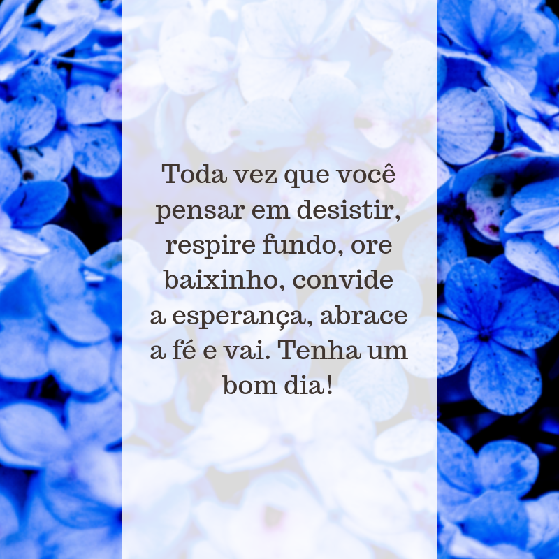 Toda vez que você pensar em desistir, respire fundo, ore baixinho, convide a esperança, abrace a fé e vai. Tenha um bom dia!