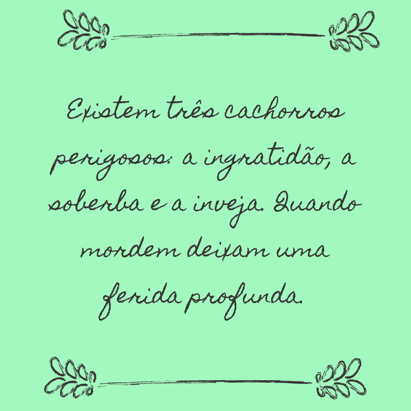 Existem três cachorros perigosos: a ingratidão, a soberba e a inveja. Quando mordem deixam uma ferida profunda.