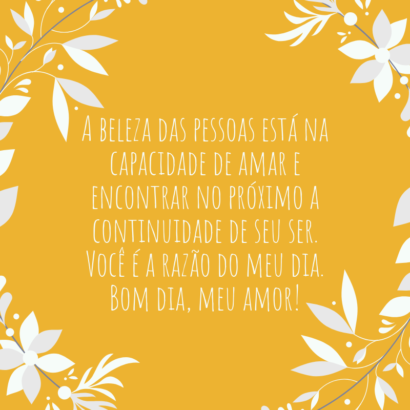 A beleza das pessoas está na capacidade de amar e encontrar no próximo a continuidade de seu ser. Você é a razão do meu dia. Bom dia, meu amor!