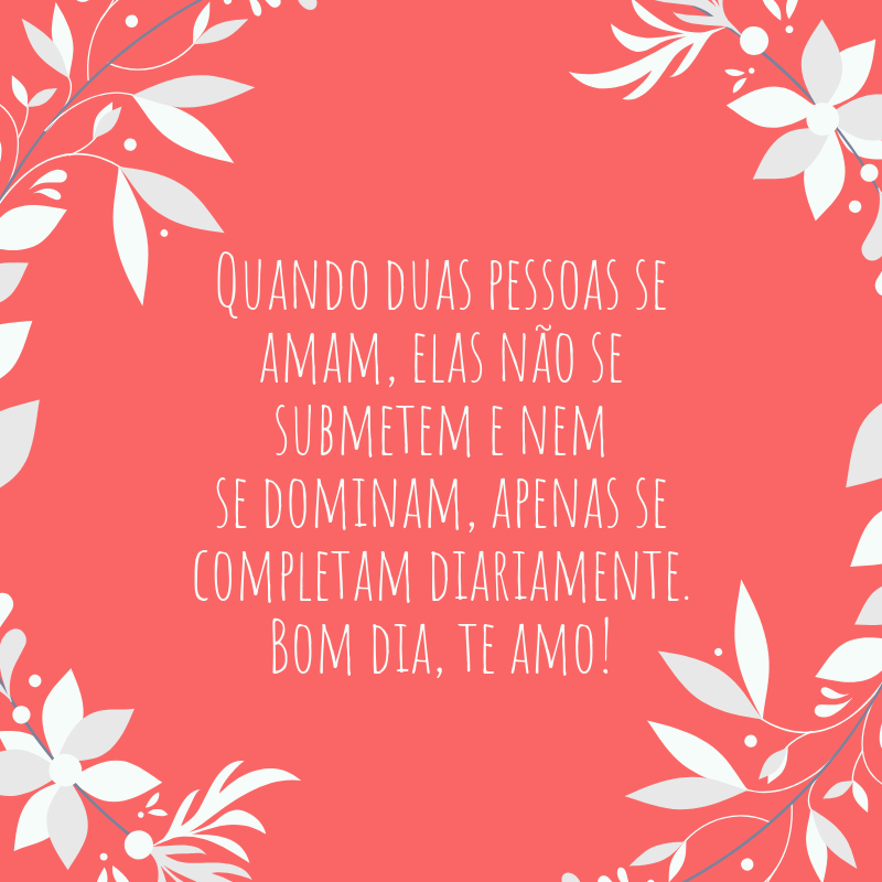 Quando duas pessoas se amam, elas não se submetem e nem se dominam, apenas se completam diariamente. Bom dia, te amo!