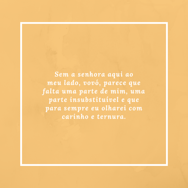 Sem a senhora aqui ao meu lado, vovó, parece que falta uma parte de mim, uma parte insubstituível e que para sempre eu olharei com carinho e ternura.