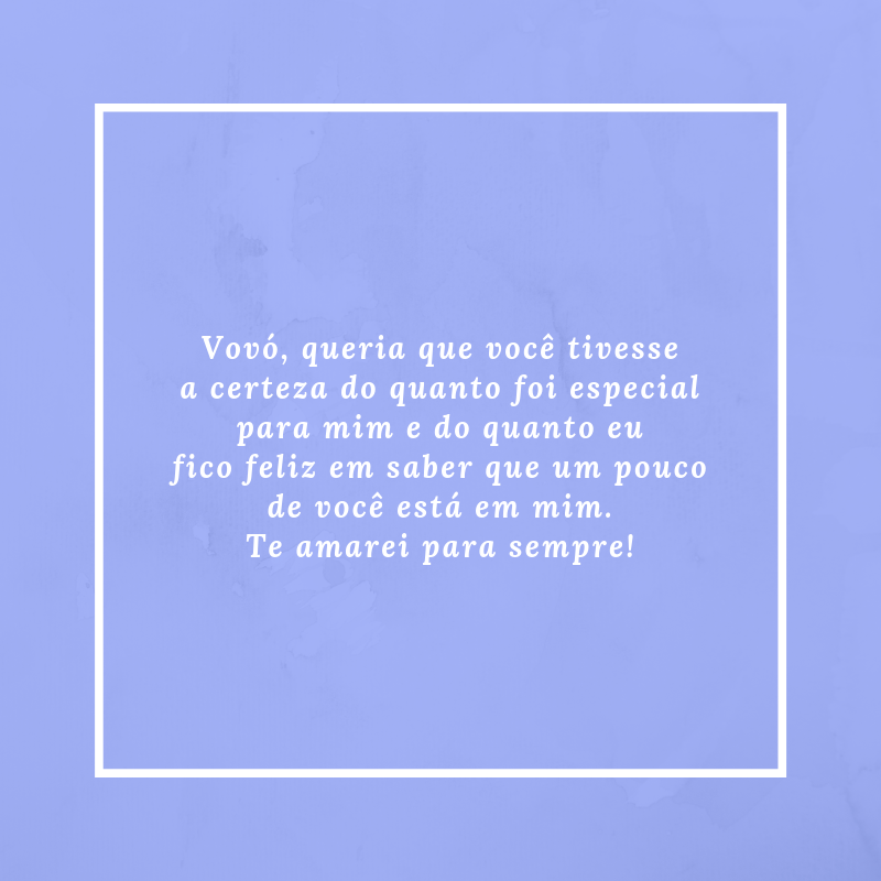 Vovó, queria que você tivesse a certeza do quanto foi especial para mim e do quanto eu fico feliz em saber que um pouco de você está em mim. Te amarei para sempre!