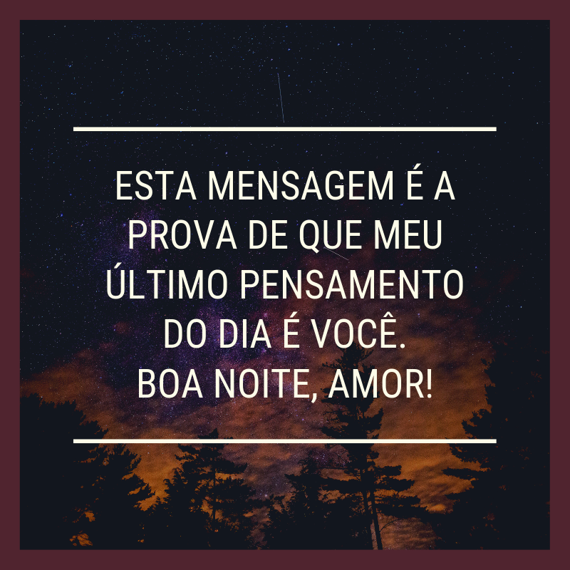 Esta mensagem é a prova de que meu último pensamento do dia é você. Boa noite, amor!