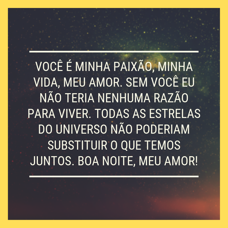 Você é minha paixão, minha vida, meu amor. Sem você eu não teria nenhuma razão para viver. Todas as estrelas do universo não poderiam substituir o que temos juntos. Boa noite, meu amor!