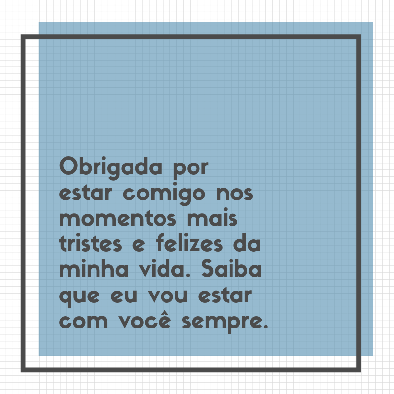 Obrigada por estar comigo nos momentos mais tristes e felizes da minha vida. Saiba que eu vou estar com você sempre.