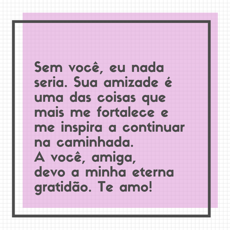 Sem você, eu nada seria. Sua amizade é uma das coisas que mais me fortalece e me inspira a continuar na caminhada. A você, amiga, devo a minha eterna gratidão. Te amo!