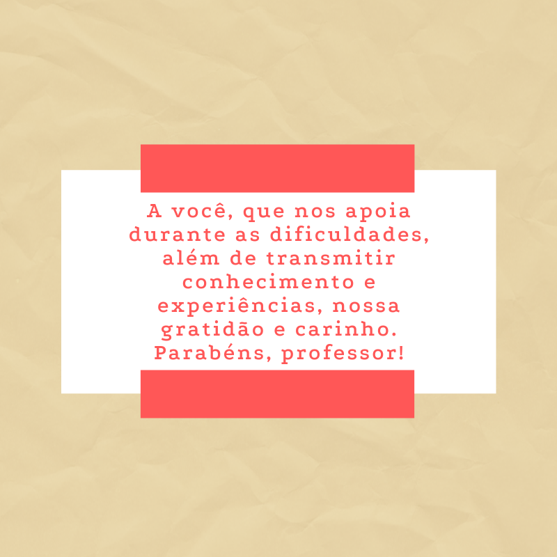 A você, que nos apoia durante as dificuldades, além de transmitir conhecimento e experiências, nossa gratidão e carinho. Parabéns, professor!