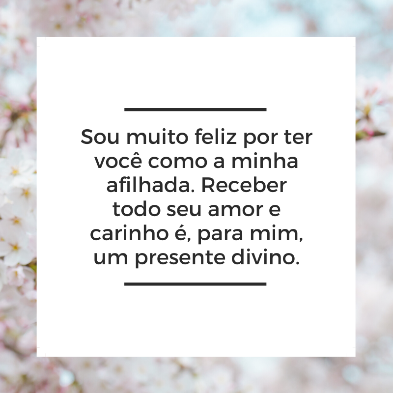 Sou muito feliz por ter você como a minha afilhada. Receber todo seu amor e carinho é, para mim, um presente divino.