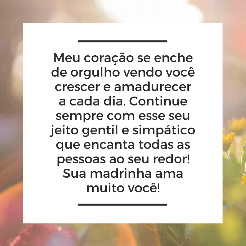 Meu coração se enche de orgulho vendo você crescer e amadurecer a cada dia. Continue sempre com esse seu jeito gentil e simpático que encanta todas as pessoas ao seu redor! Sua madrinha ama muito você!