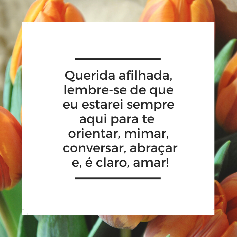 Querida afilhada, lembre-se de que eu estarei sempre aqui para te orientar, mimar, conversar, abraçar e, é claro, amar!