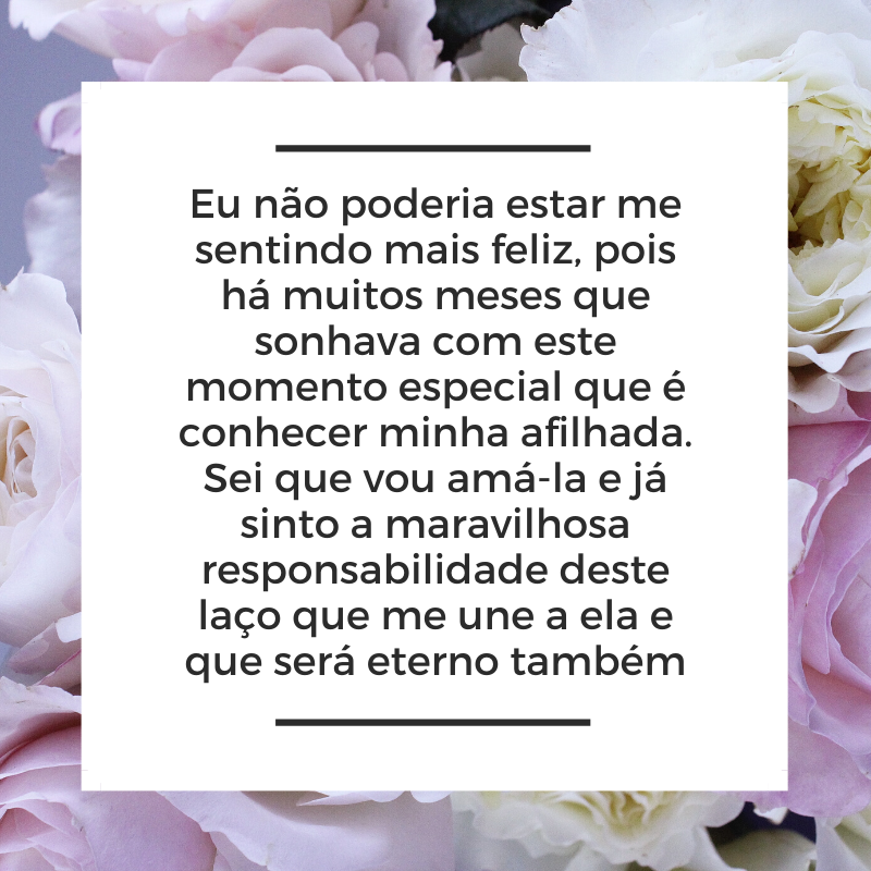 Eu não poderia estar me sentindo mais feliz, pois há muitos meses que sonhava com este momento especial que é conhecer minha afilhada. Sei que vou amá-la e já sinto a maravilhosa responsabilidade deste laço que me une a ela e que será eterno também.