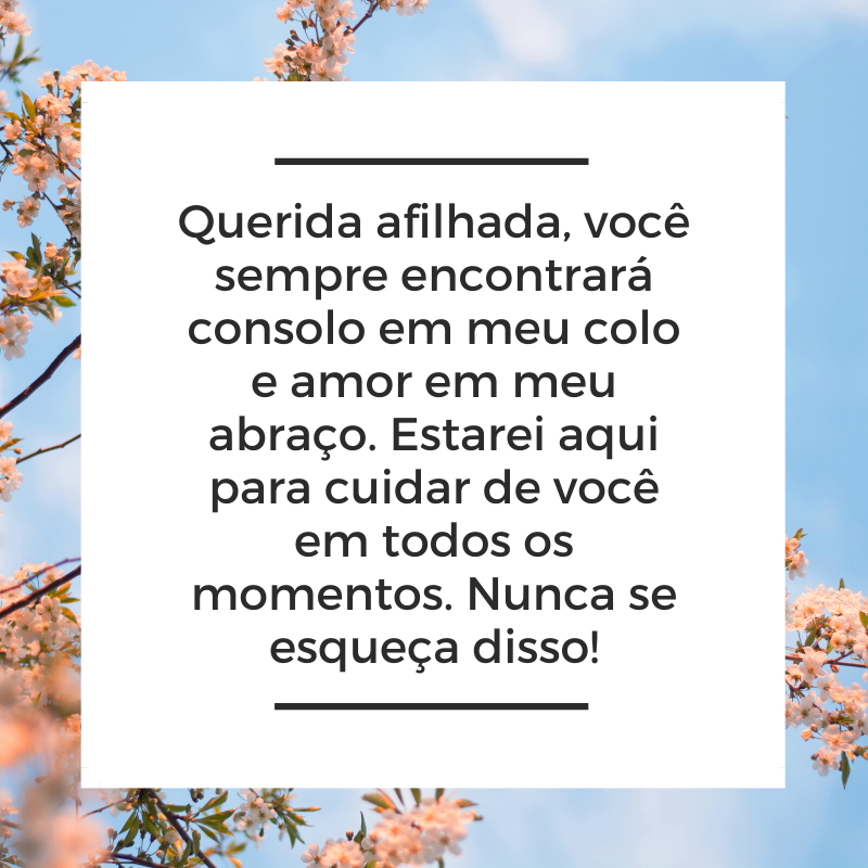 Querida afilhada, você sempre encontrará consolo em meu colo e amor em meu abraço. Estarei aqui para cuidar de você em todos os momentos. Nunca se esqueça disso!