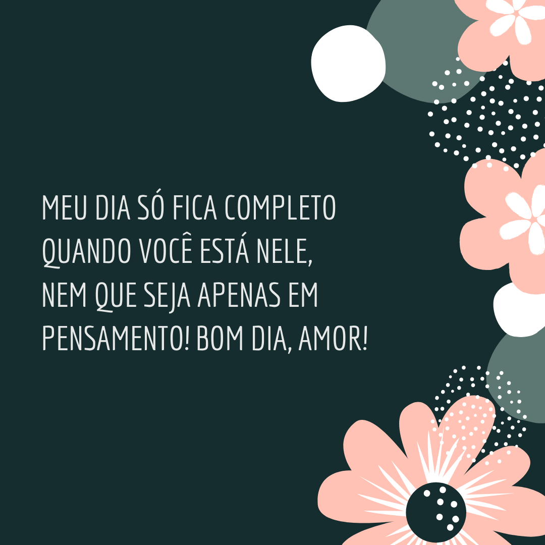 Meu dia só fica completo quando você está nele, nem que seja apenas em pensamento! Bom dia, amor!