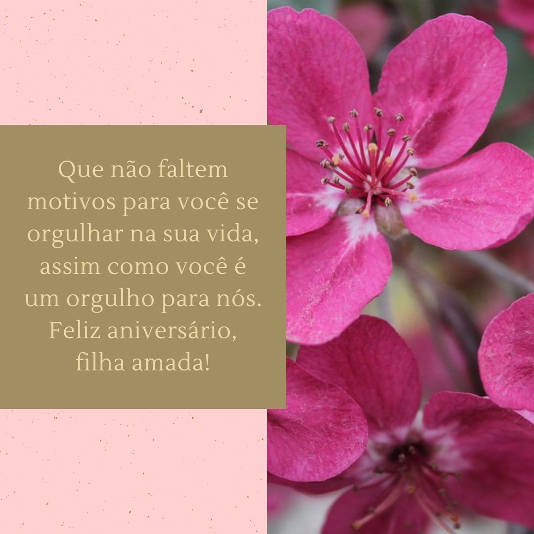 Que não faltem motivos para você se orgulhar na sua vida, assim como você é um orgulho para nós. Feliz aniversário, filha amada!