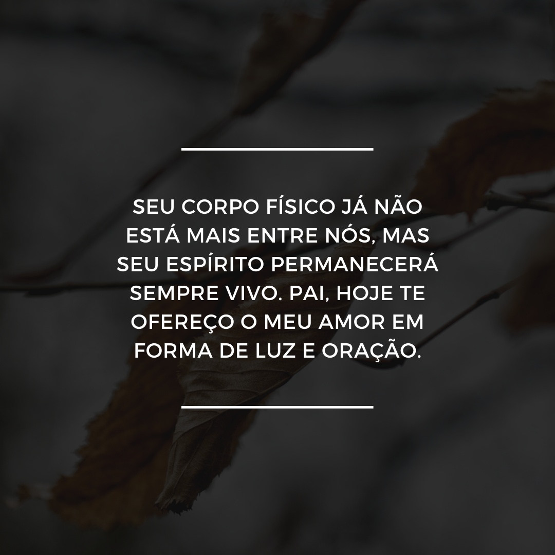 Seu corpo físico já não está mais entre nós, mas seu espírito permanecerá sempre vivo. Pai, hoje te ofereço o meu amor em forma de luz e oração.