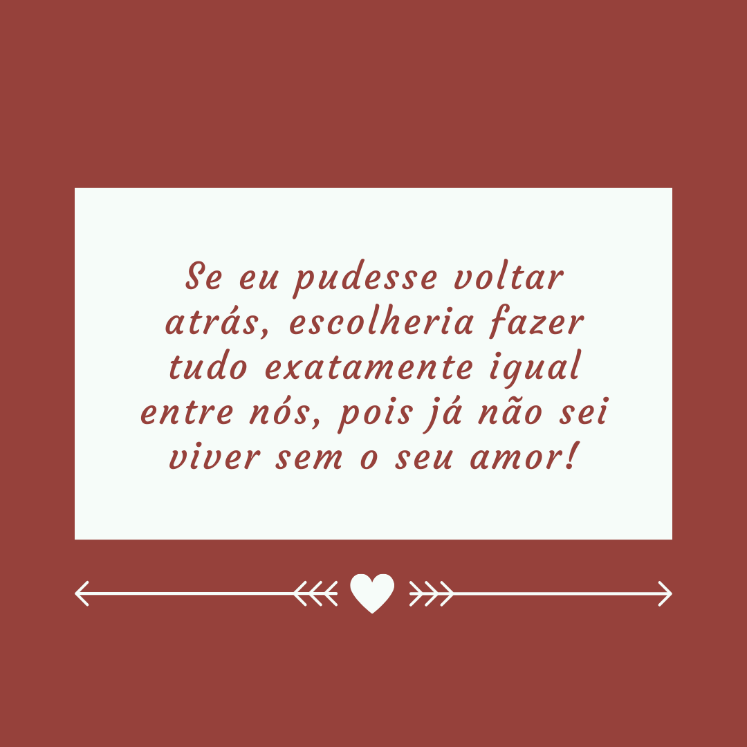 Se eu pudesse voltar atrás, escolheria fazer tudo exatamente igual entre nós, pois já não sei viver sem o seu amor!