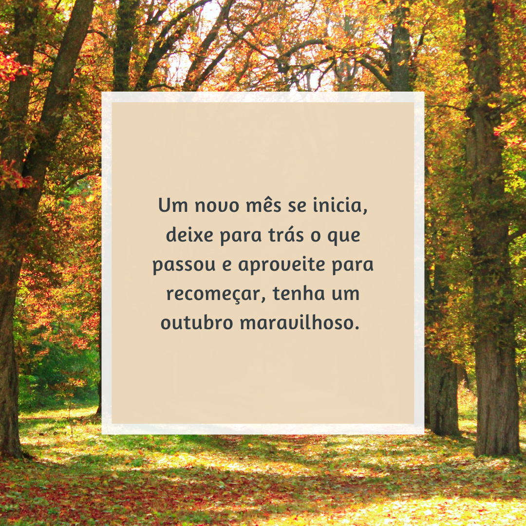 Um novo mês se inicia, deixe para trás o que passou e aproveite para recomeçar, tenha um outubro maravilhoso. 