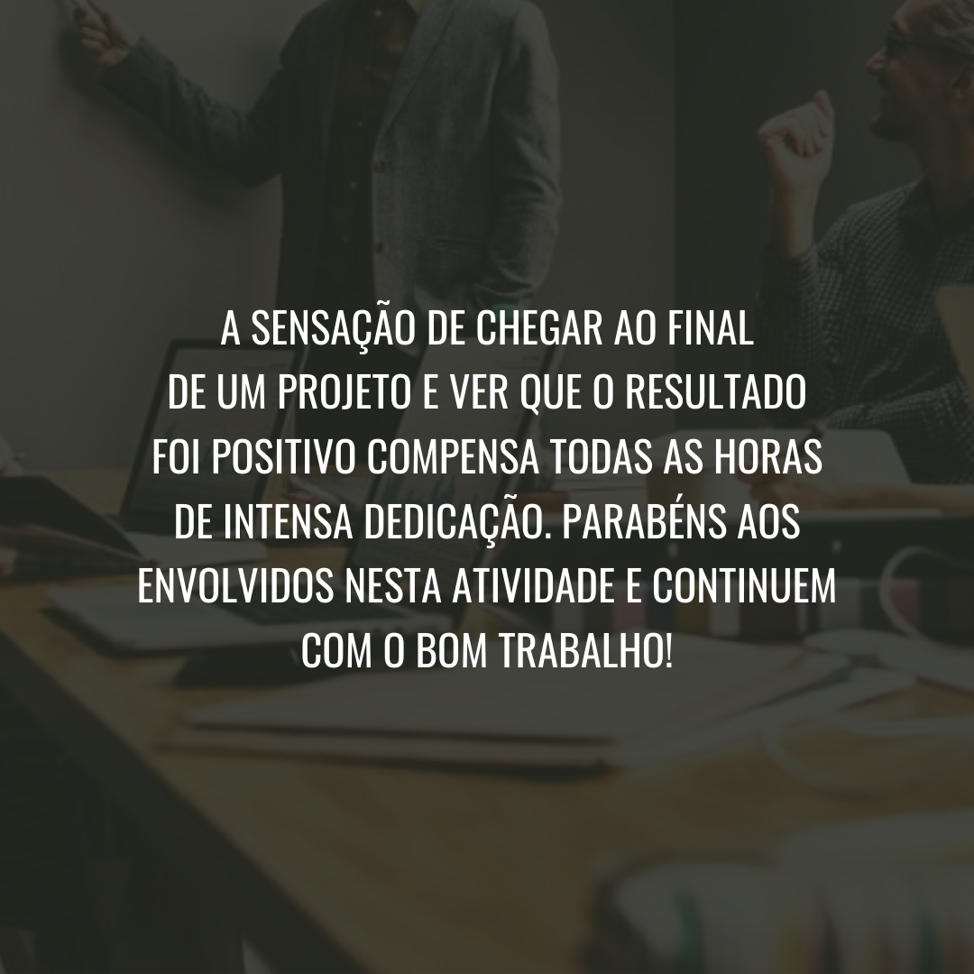 A sensação de chegar ao final de um projeto e ver que o resultado foi positivo compensa todas as horas de intensa dedicação. Parabéns aos envolvidos nesta atividade e continuem com o bom trabalho!