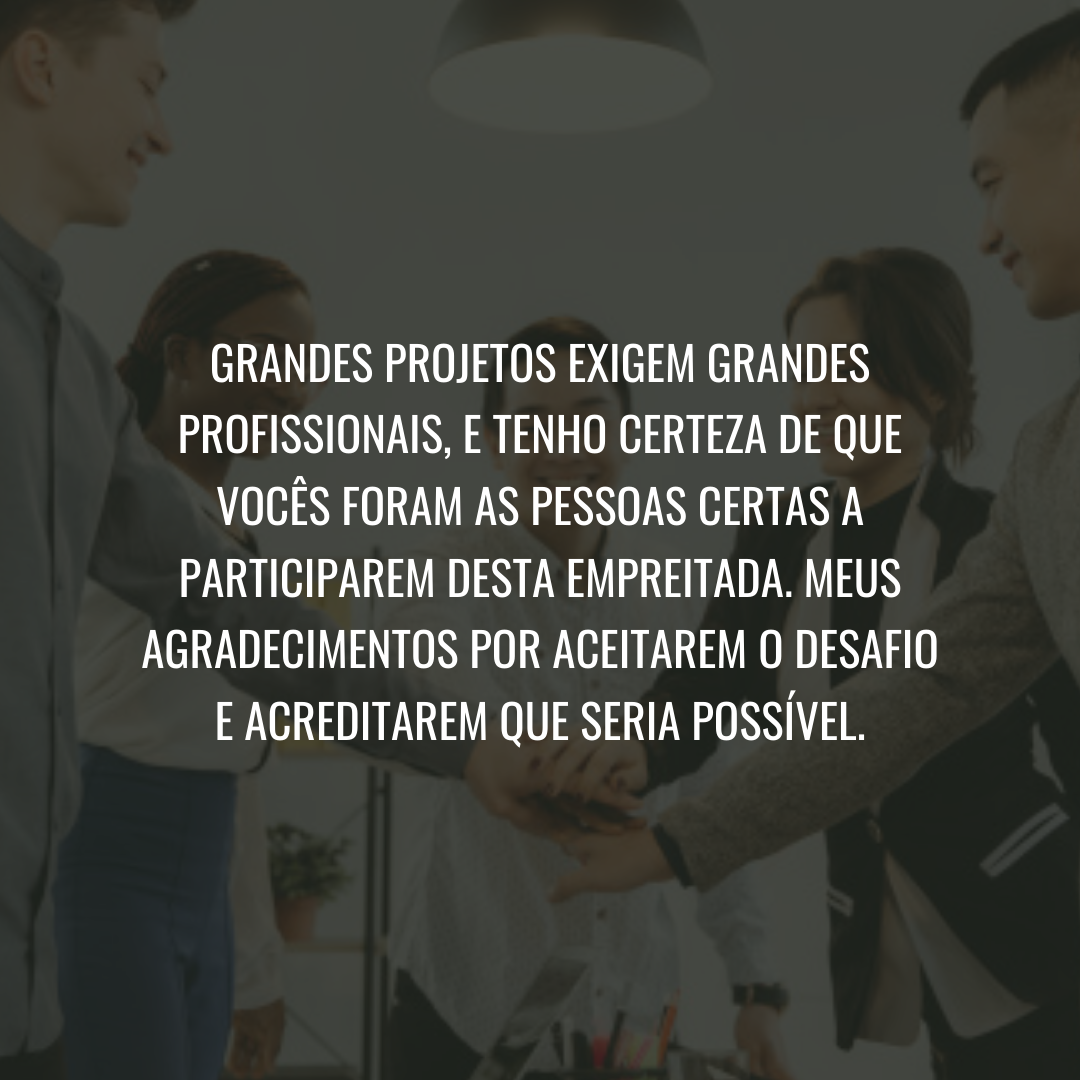 Grandes projetos exigem grandes profissionais, e tenho certeza de que vocês foram as pessoas certas a participarem desta empreitada. Meus agradecimentos por aceitarem o desafio e acreditarem que seria possível.