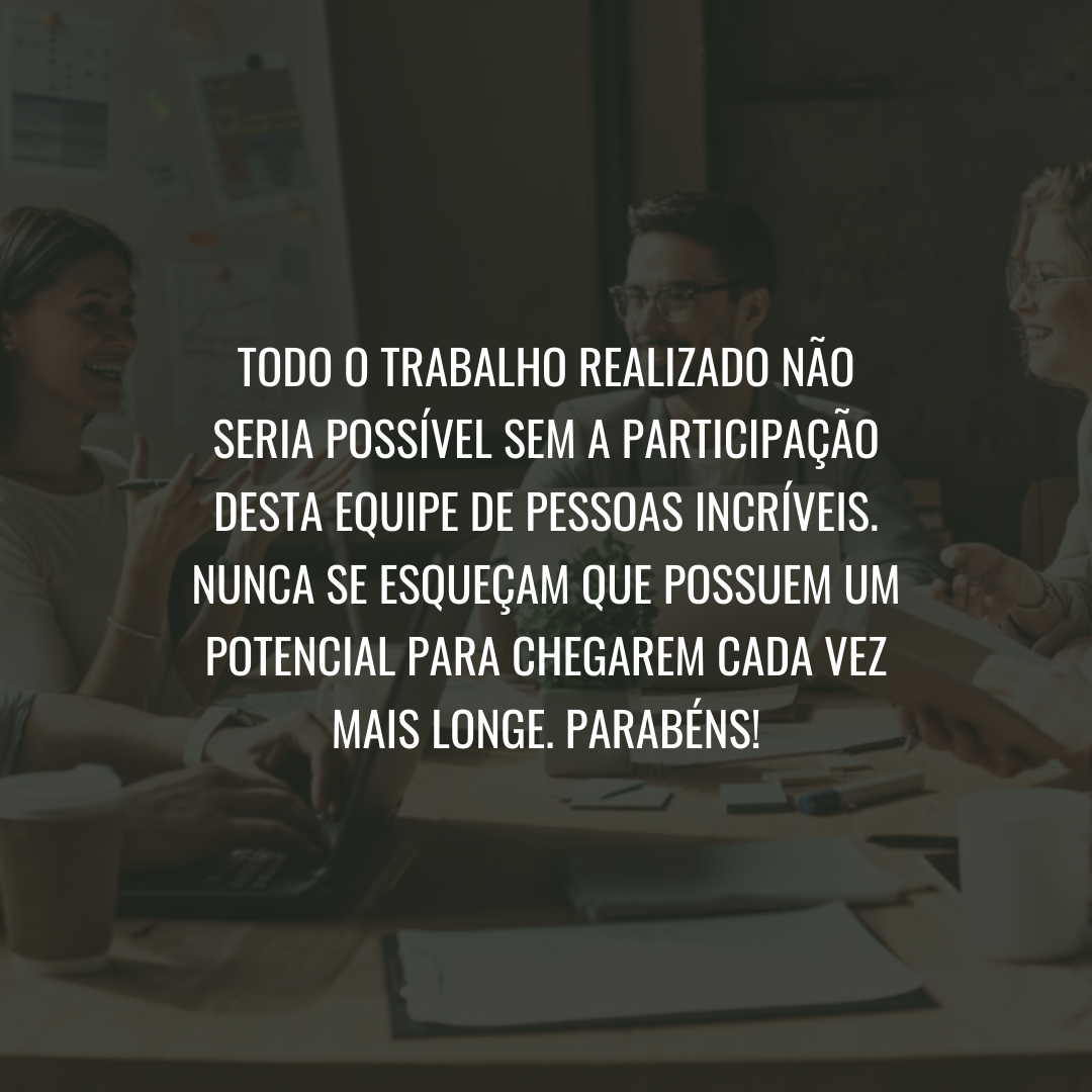 Todo o trabalho realizado não seria possível sem a participação desta equipe de pessoas incríveis. Nunca se esqueçam que possuem um potencial para chegarem cada vez mais longe. Parabéns!