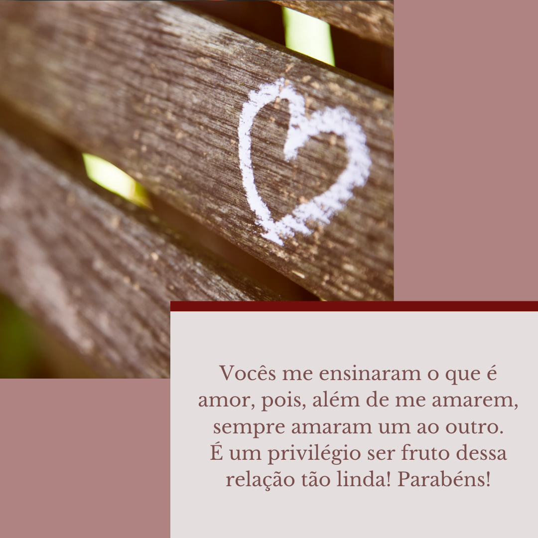 Vocês me ensinaram o que é amor, pois, além de me amarem, sempre amaram um ao outro. É um privilégio ser fruto dessa relação tão linda! Parabéns!