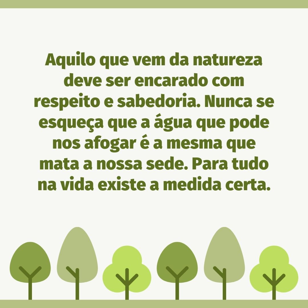 Aquilo que vem da natureza deve ser encarado com respeito e sabedoria. Nunca se esqueça que a água que pode nos afogar é a mesma que mata a nossa sede. Para tudo na vida existe a medida certa.