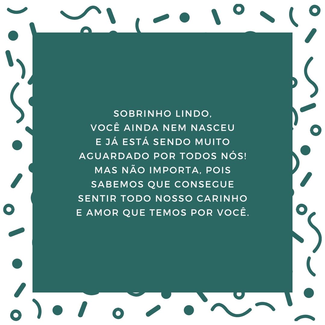 Sobrinho lindo, você ainda nem nasceu e já está sendo muito aguardado por todos nós! Mas não importa, pois sabemos que consegue sentir todo nosso carinho e amor que temos por você.