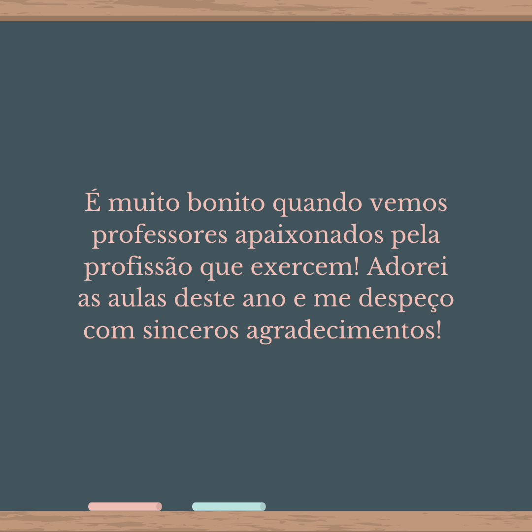 É muito bonito quando vemos professores apaixonados pela profissão que exercem! Adorei as aulas deste ano e me despeço com sinceros agradecimentos! 