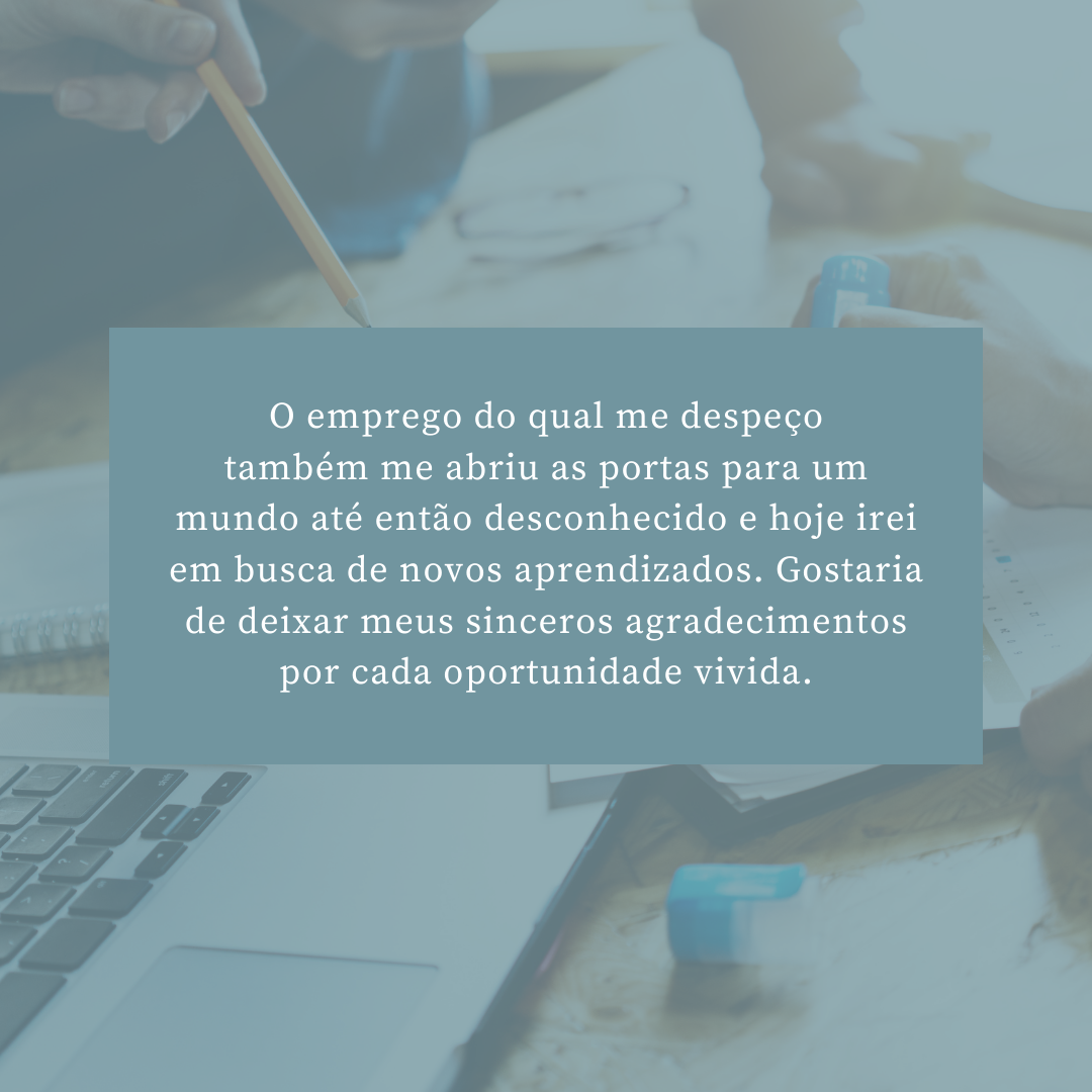 O emprego do qual me despeço também me abriu as portas para um mundo até então desconhecido e hoje irei em busca de novos aprendizados. Gostaria de deixar meus sinceros agradecimentos por cada oportunidade vivida.