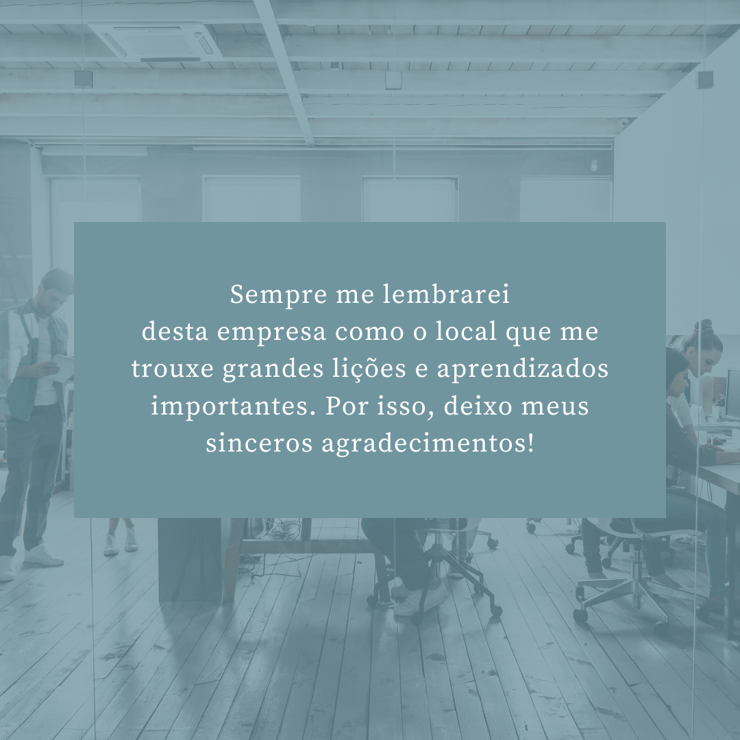 Sempre me lembrarei desta empresa como o local que me trouxe grandes lições e aprendizados importantes. Por isso, deixo meus sinceros agradecimentos!