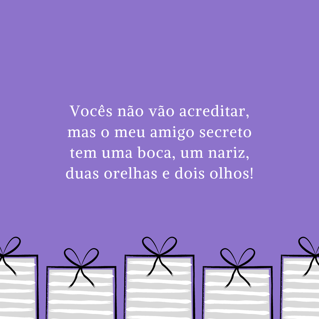 Vocês não vão acreditar, mas o meu amigo secreto tem uma boca, um nariz, duas orelhas e dois olhos!