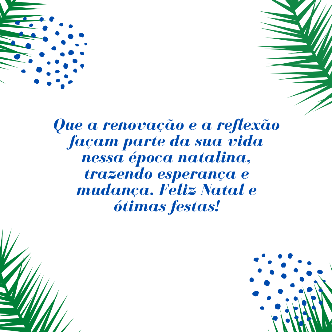 Que a renovação e a reflexão façam parte da sua vida nessa época natalina, trazendo esperança e mudança. Feliz Natal e ótimas festas!