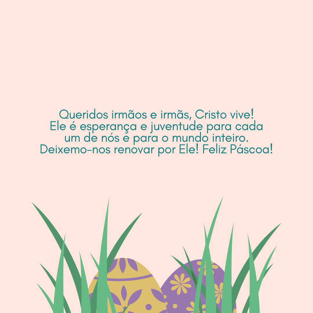 Queridos irmãos e irmãs, Cristo vive! Ele é esperança e juventude para cada um de nós e para o mundo inteiro. Deixemo-nos renovar por Ele! Feliz Páscoa!