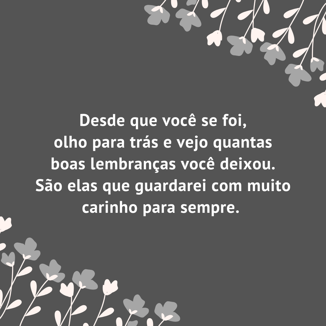 Desde que você se foi, olho para trás e vejo quantas boas lembranças você deixou. São elas que guardarei com muito carinho para sempre. 