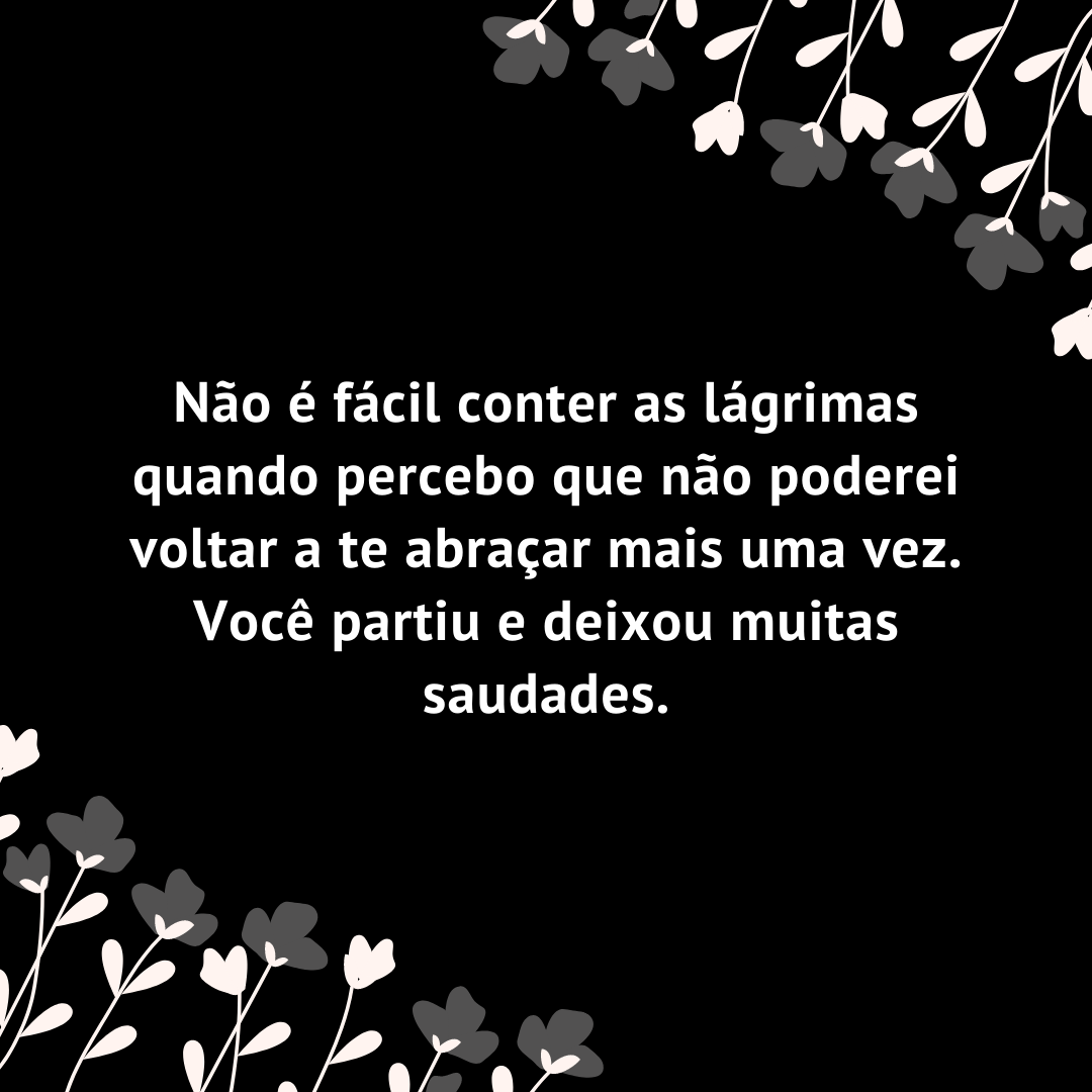 Não é fácil conter as lágrimas quando percebo que não poderei voltar a te abraçar mais uma vez. Você partiu e deixou muitas saudades.