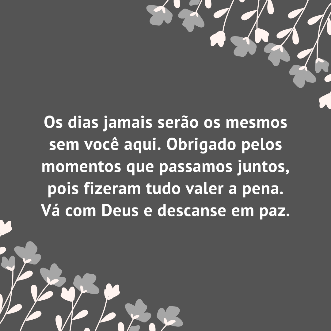 Os dias jamais serão os mesmos sem você aqui. Obrigado pelos momentos que passamos juntos, pois fizeram tudo valer a pena. Vá com Deus e descanse em paz.