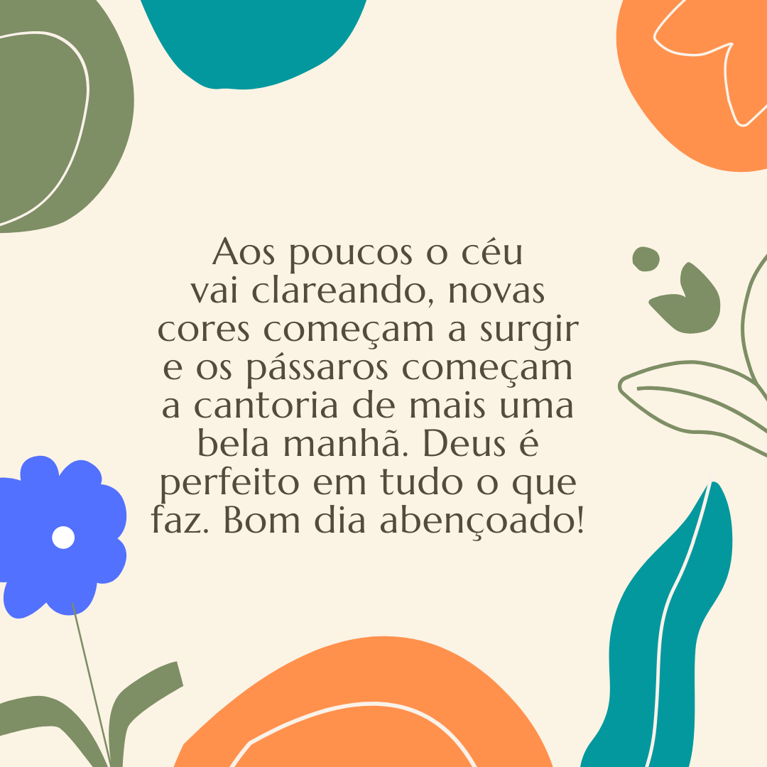 Aos poucos o céu vai clareando, novas cores começam a surgir e os pássaros começam a cantoria de mais uma bela manhã. Deus é perfeito em tudo o que faz. Bom dia abençoado!