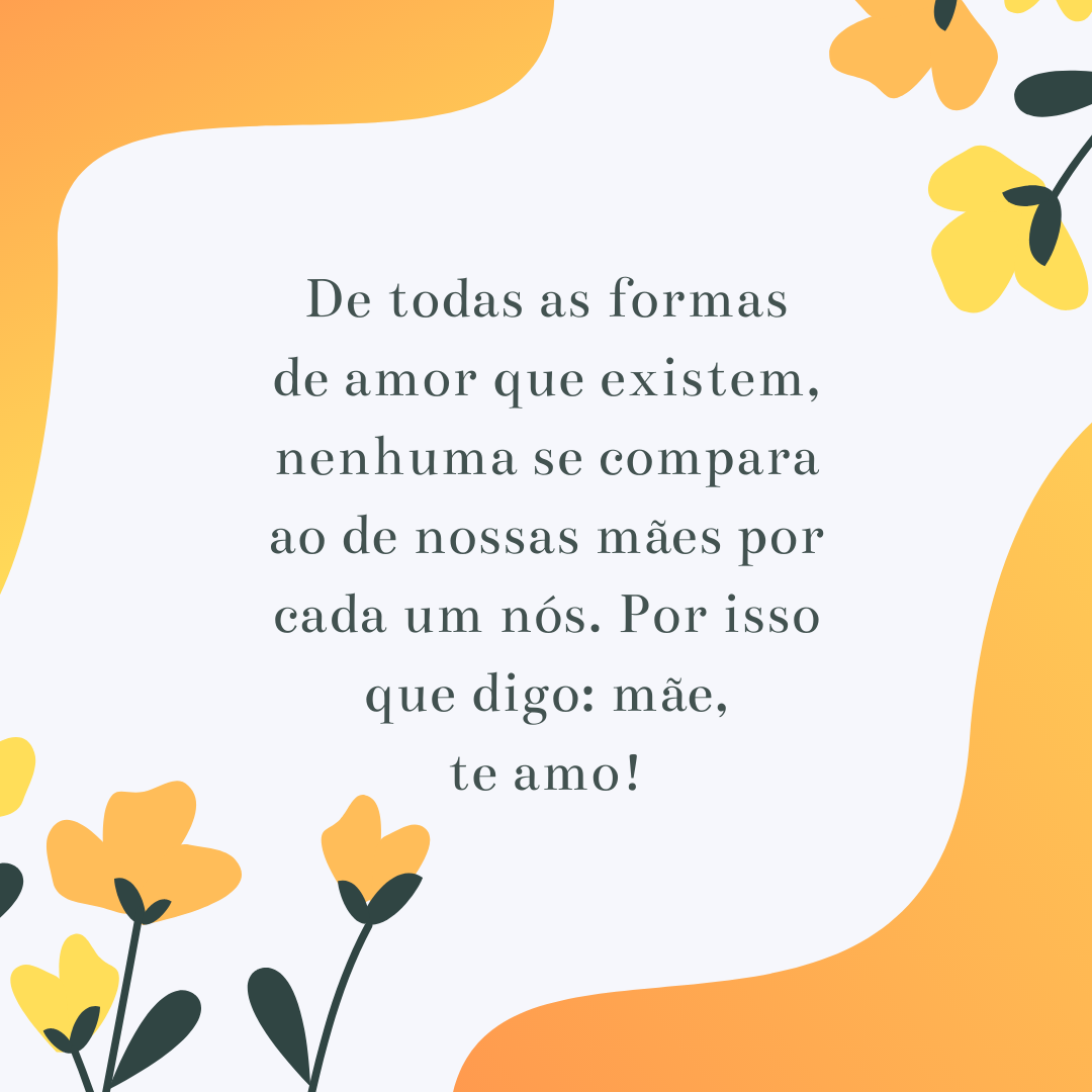 De todas as formas de amor que existem, nenhuma se compara ao de nossas mães por cada um nós. Por isso que digo: mãe, te amo!