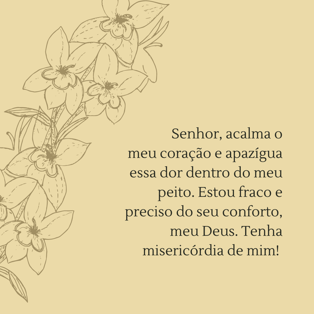 Senhor, acalma o meu coração e apazígua essa dor dentro do meu peito. Estou fraco e preciso do seu conforto, meu Deus. Tenha misericórdia de mim! 