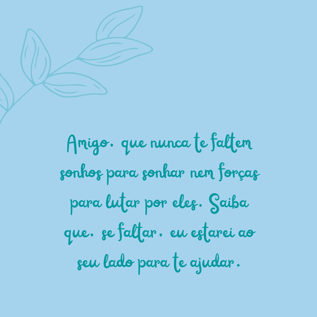 Amigo, que nunca te faltem sonhos para sonhar nem forças para lutar por eles. Saiba que, se faltar, eu estarei ao seu lado para te ajudar.
