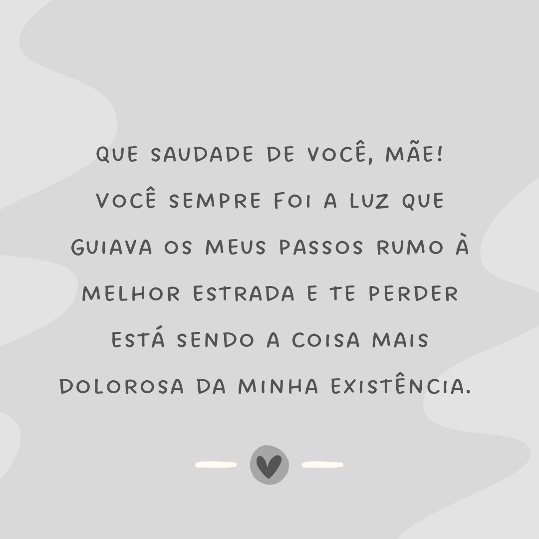 Que saudade de você, mãe! Você sempre foi a luz que guiava os meus passos rumo à melhor estrada e te perder está sendo a coisa mais dolorosa da minha existência. 