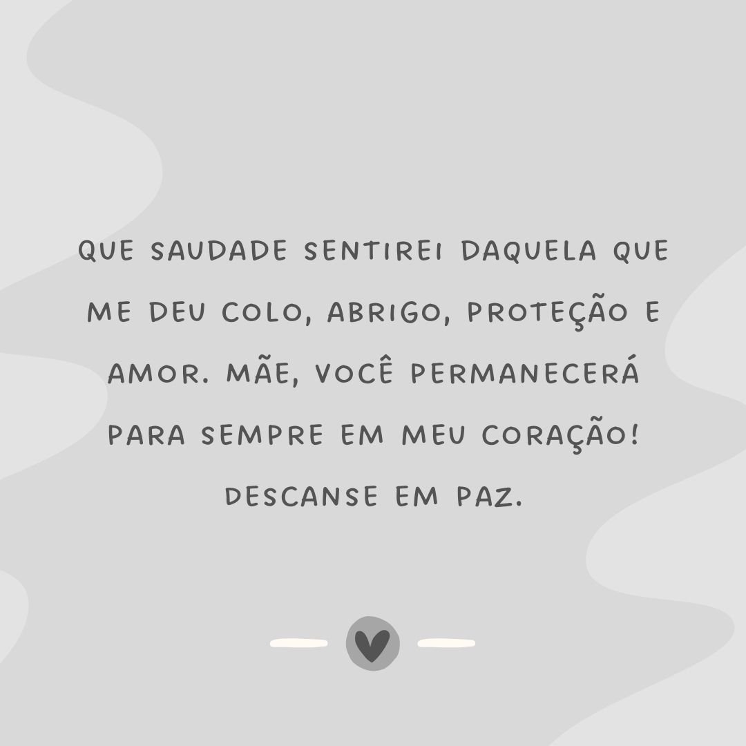 Que saudade sentirei daquela que me deu colo, abrigo, proteção e amor. Mãe, você permanecerá para sempre em meu coração! Descanse em paz.