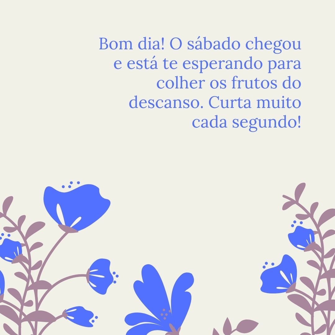 Bom dia! O sábado chegou e está te esperando para colher os frutos do descanso. Curta muito cada segundo!