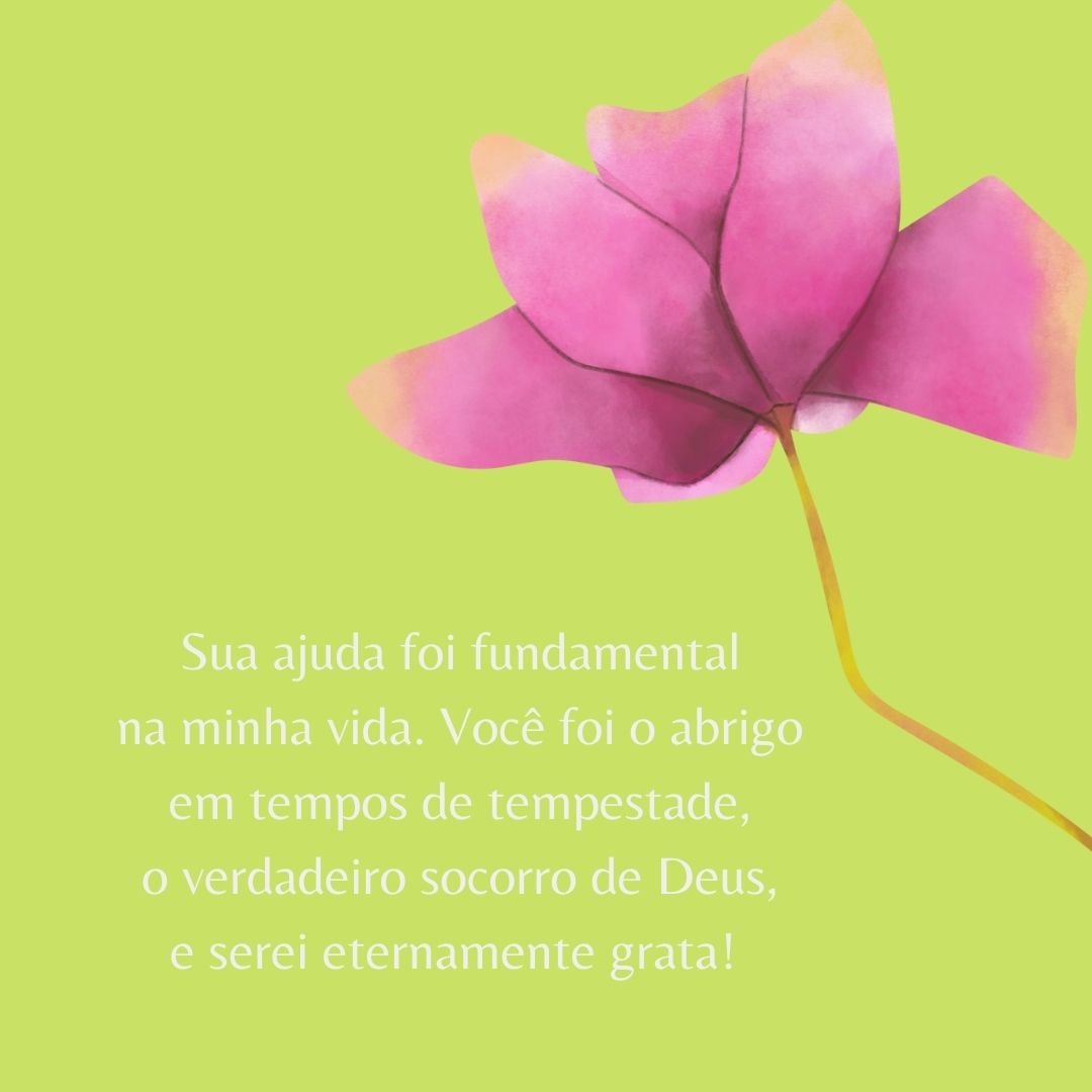 Sua ajuda foi fundamental na minha vida. Você foi o abrigo em tempos de tempestade, o verdadeiro socorro de Deus, e serei eternamente grata! 