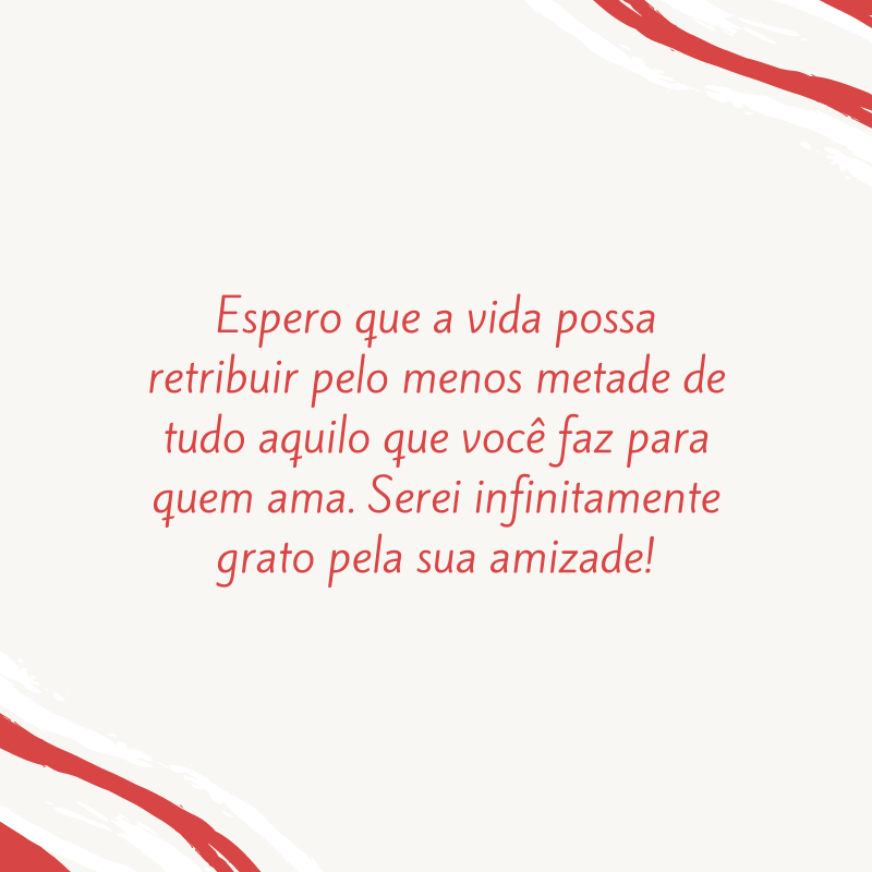 Espero que a vida possa retribuir pelo menos metade de tudo aquilo que você faz para quem ama. Serei infinitamente grato pela sua amizade!