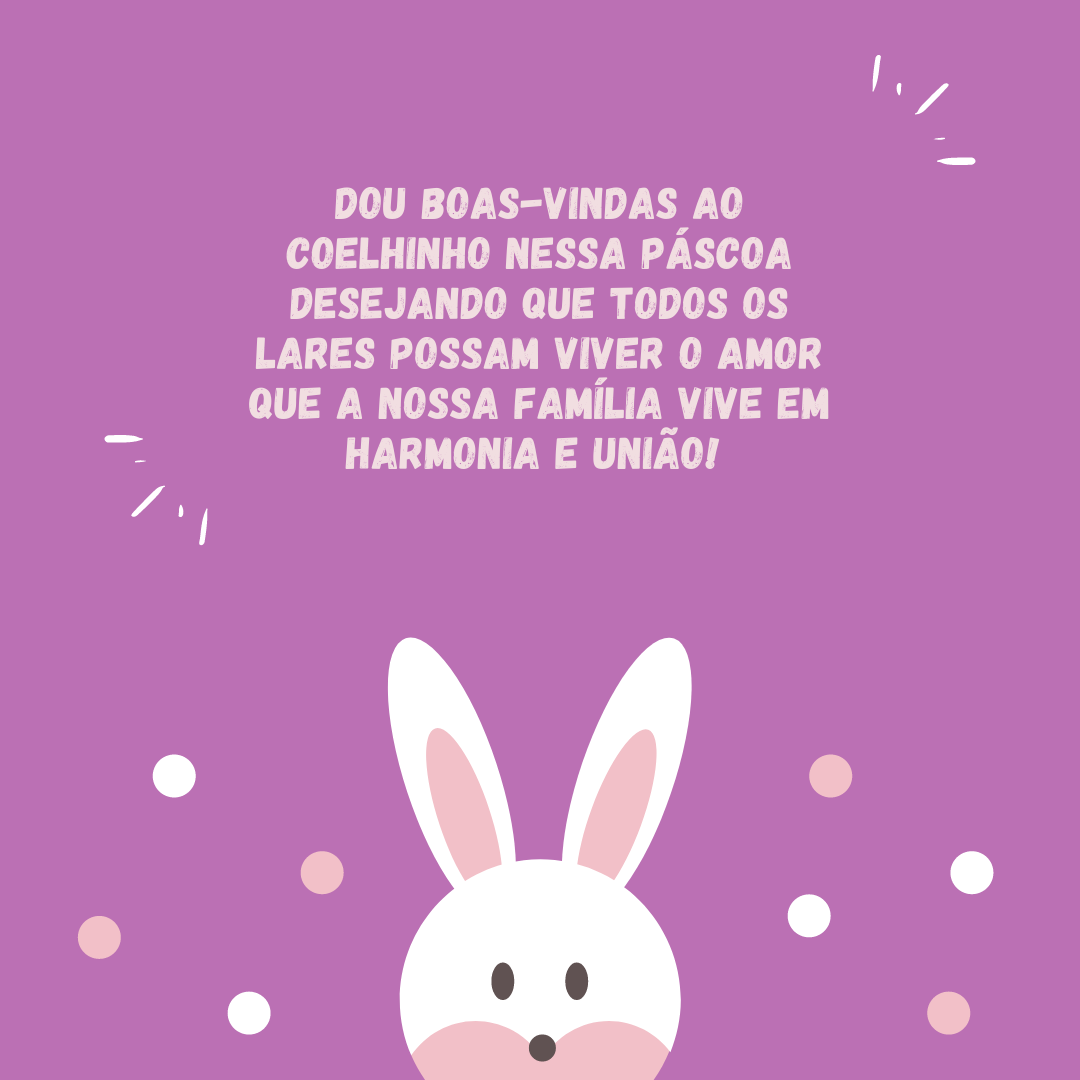 Dou boas-vindas ao coelhinho nessa Páscoa desejando que todos os lares possam viver o amor que a nossa família vive em harmonia e união! 