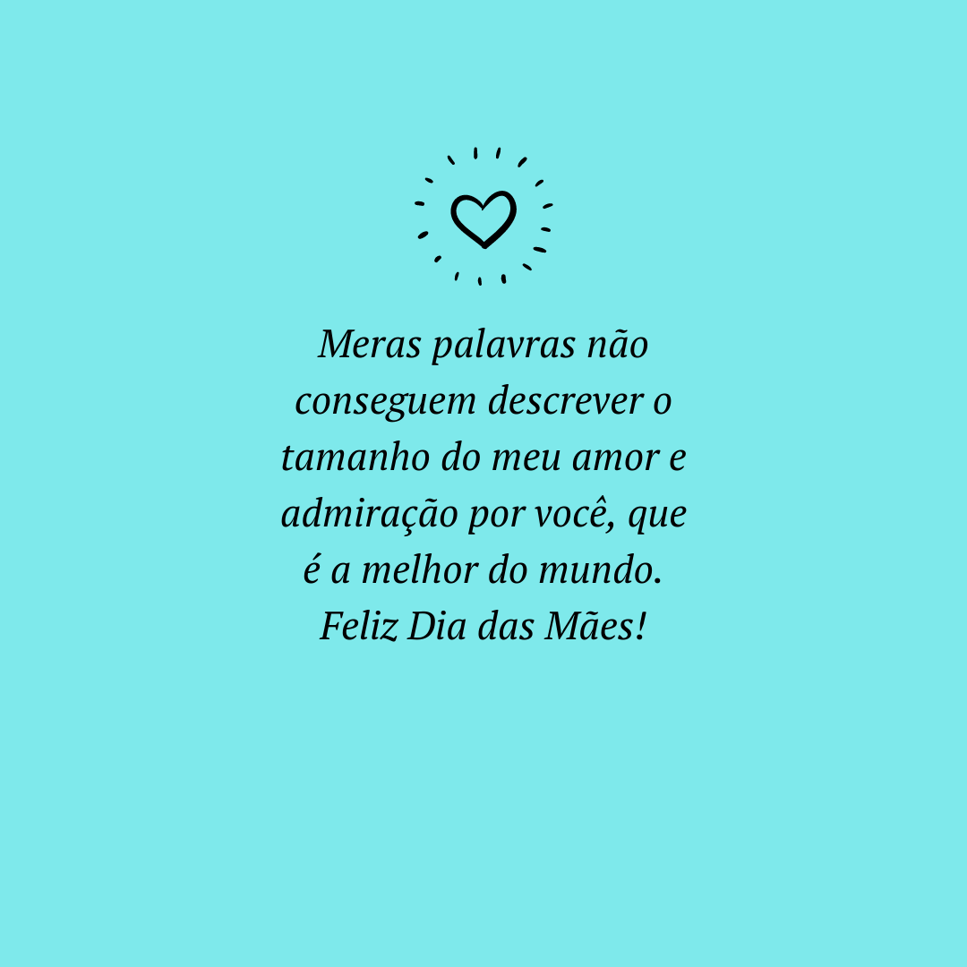 Meras palavras não conseguem descrever o tamanho do meu amor e admiração por você, que é a melhor do mundo. Feliz Dia das Mães!